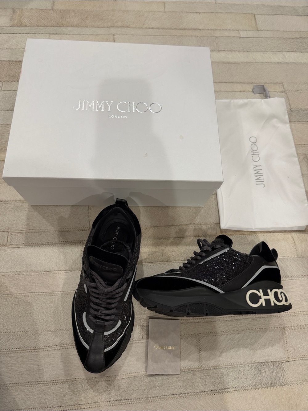 Jimmy Choo Black Glitter & Suede womwns  Sneakers